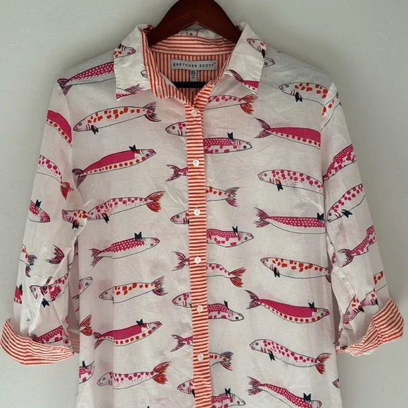 Gretchen Scott Blouse Womens XL Fish Print Button Up Shirt Beach Vacation Cotton - Picture 3 of 12